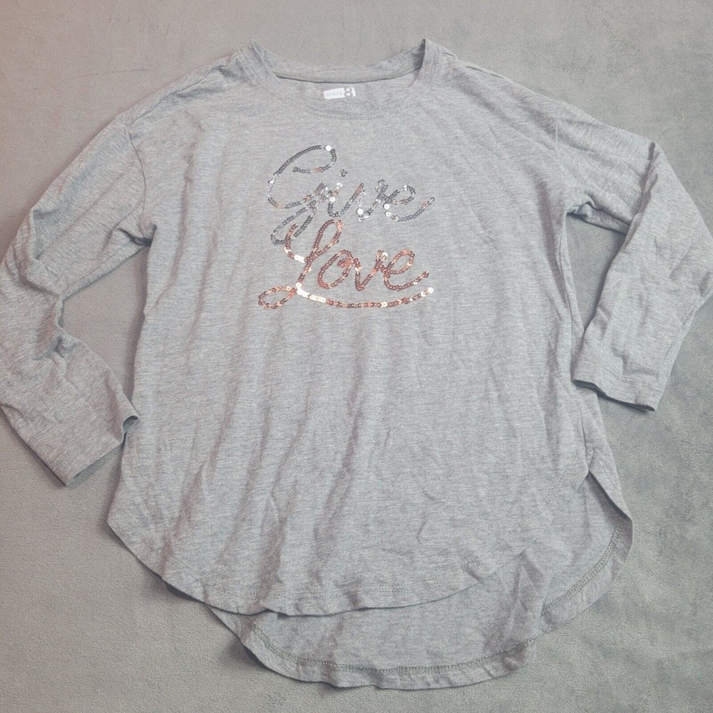 Crazy 8s Tee Girls 5/6 Long Sleeve Shirt Grey Sequin Give Love Comfort Stretch
